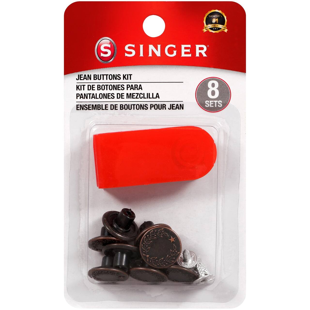 SINGER® No Sew Jean Buttons Kit with Tool, 8 Sets